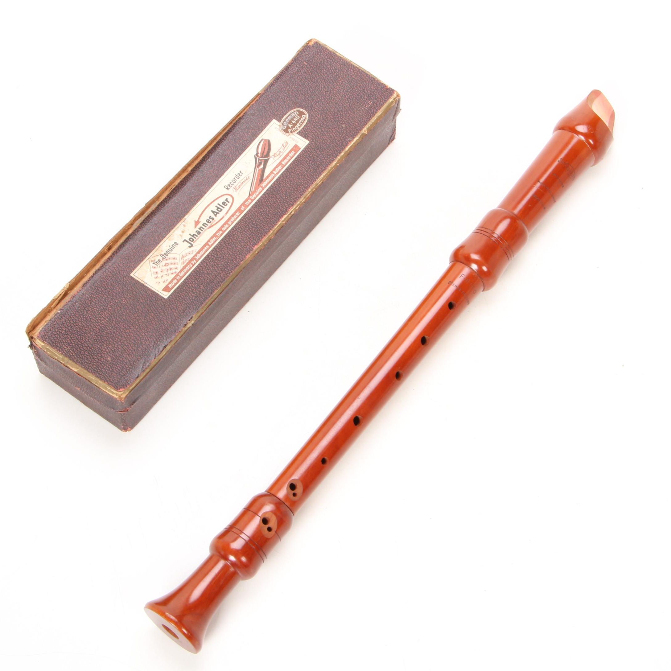 Johannes Adler German Handcrafted Pearwood Recorder, F-Alto, Mid 20th Century
