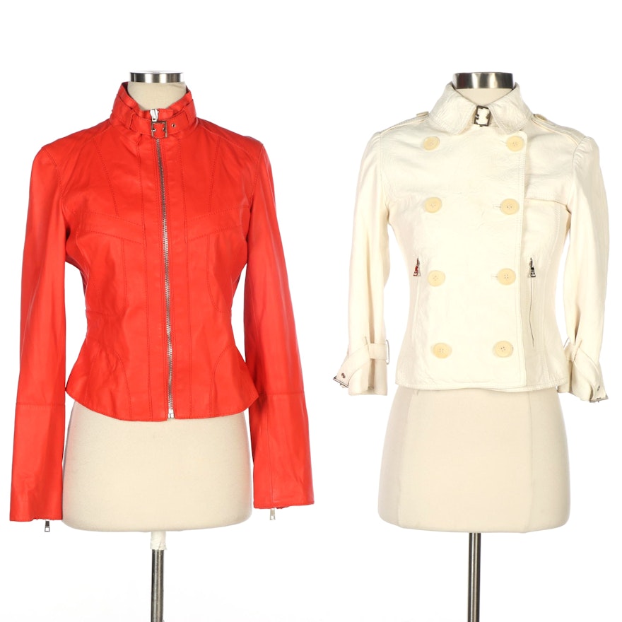 Andrew Marc Leather Zipper-Front and Double-Breasted Jackets in Red and Ivory