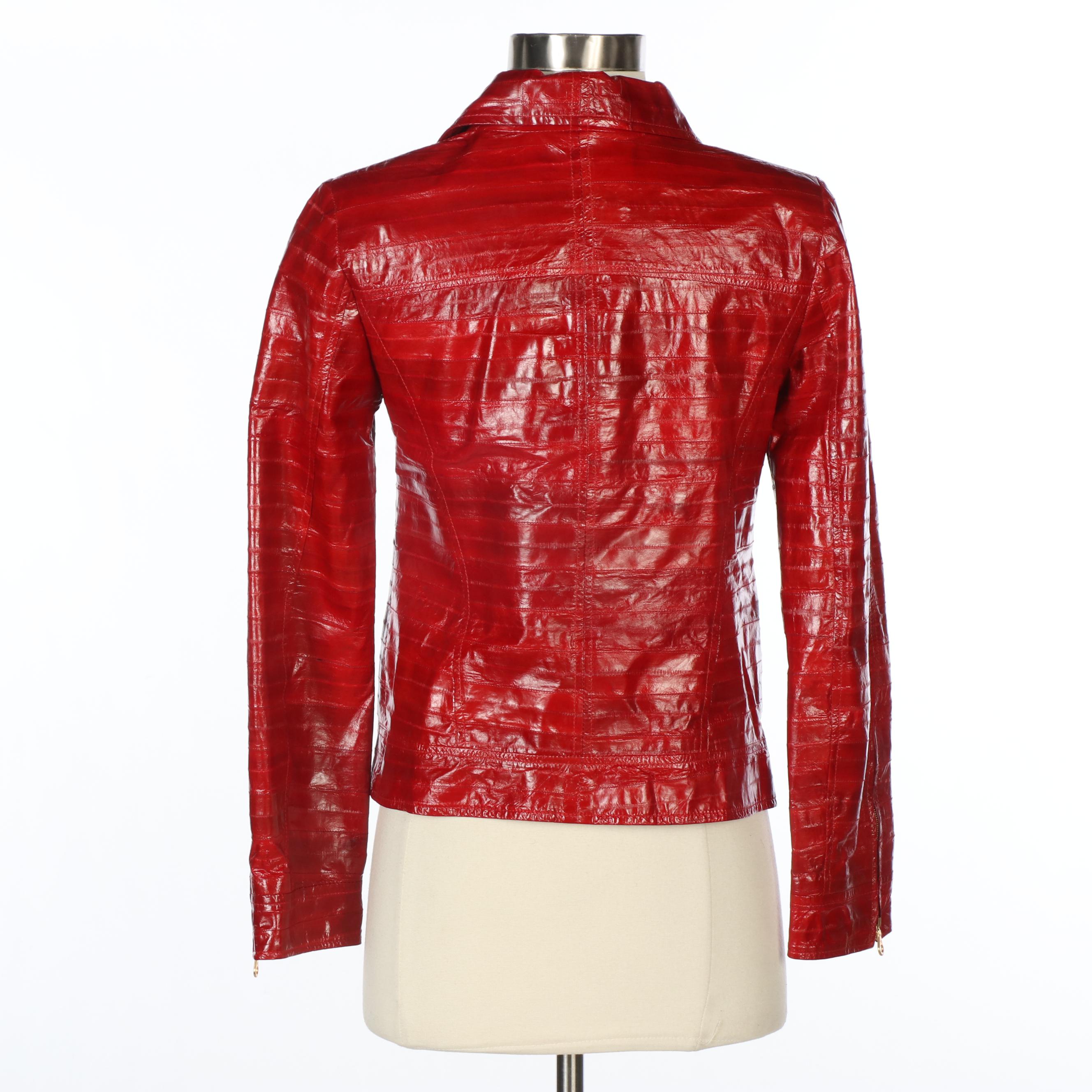 Oscar de la Renta Red Eel Skin Asymmetrical Coat and Beaded Tweed Cropped Jacket