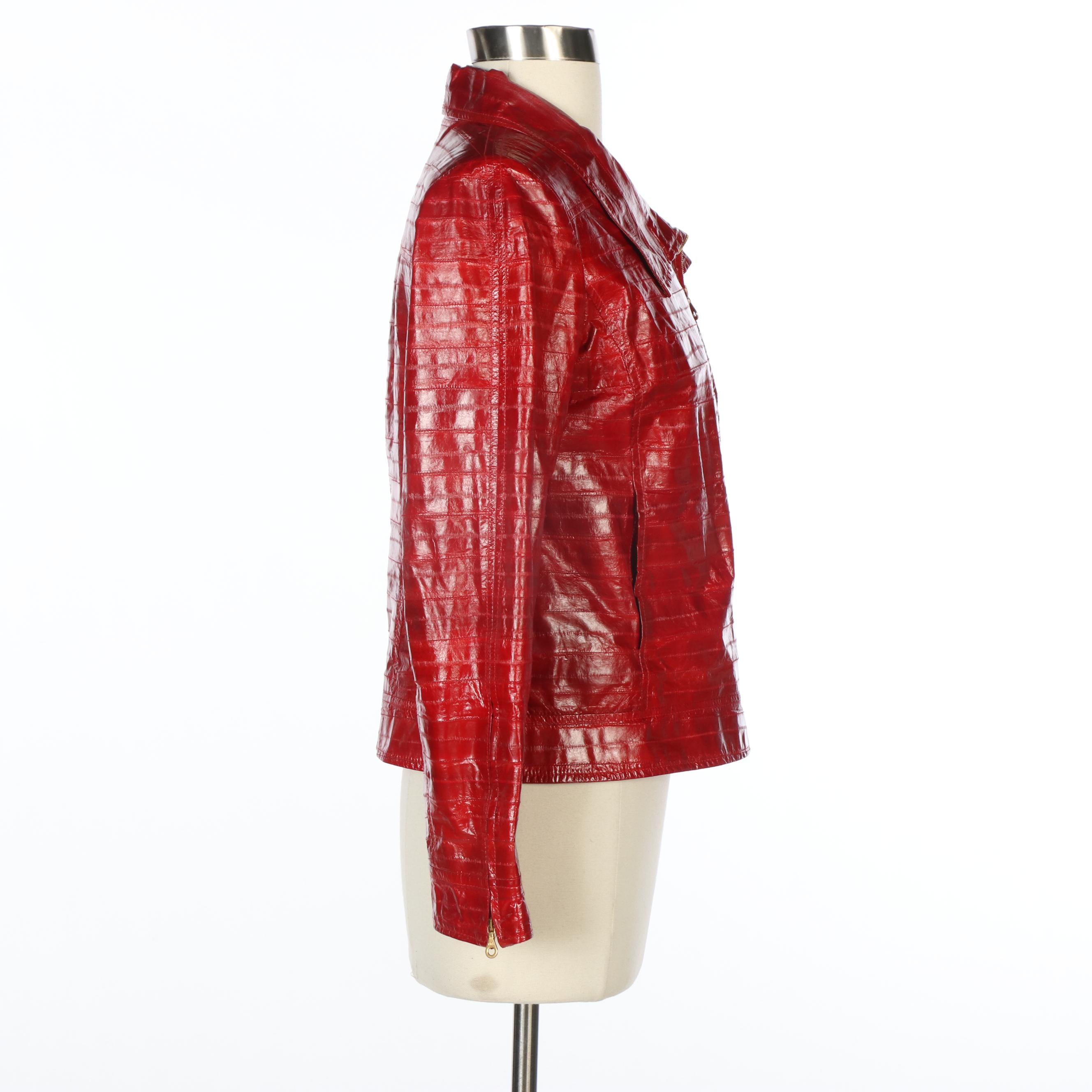 Oscar de la Renta Red Eel Skin Asymmetrical Coat and Beaded Tweed Cropped Jacket