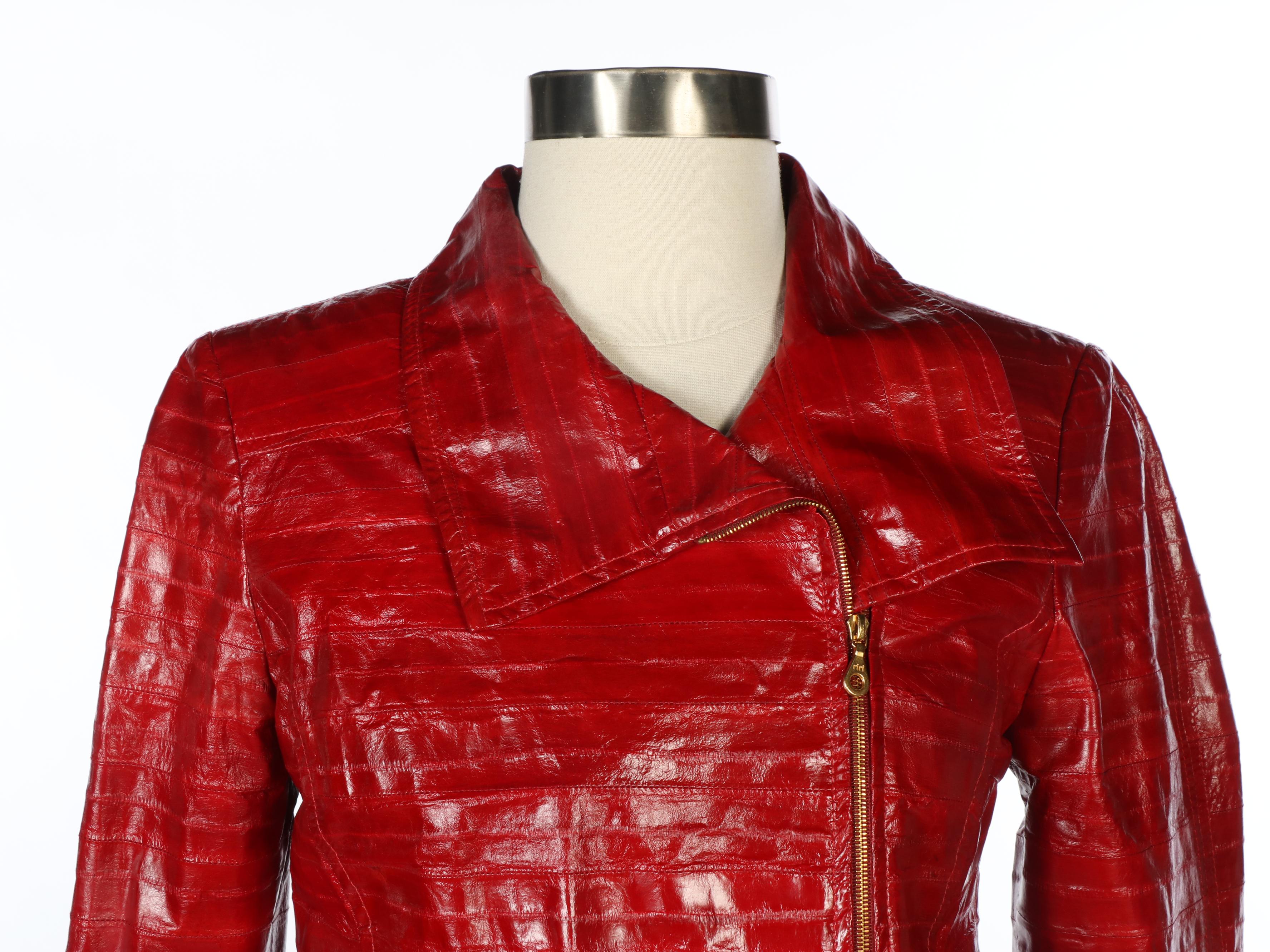 Oscar de la Renta Red Eel Skin Asymmetrical Coat and Beaded Tweed Cropped Jacket