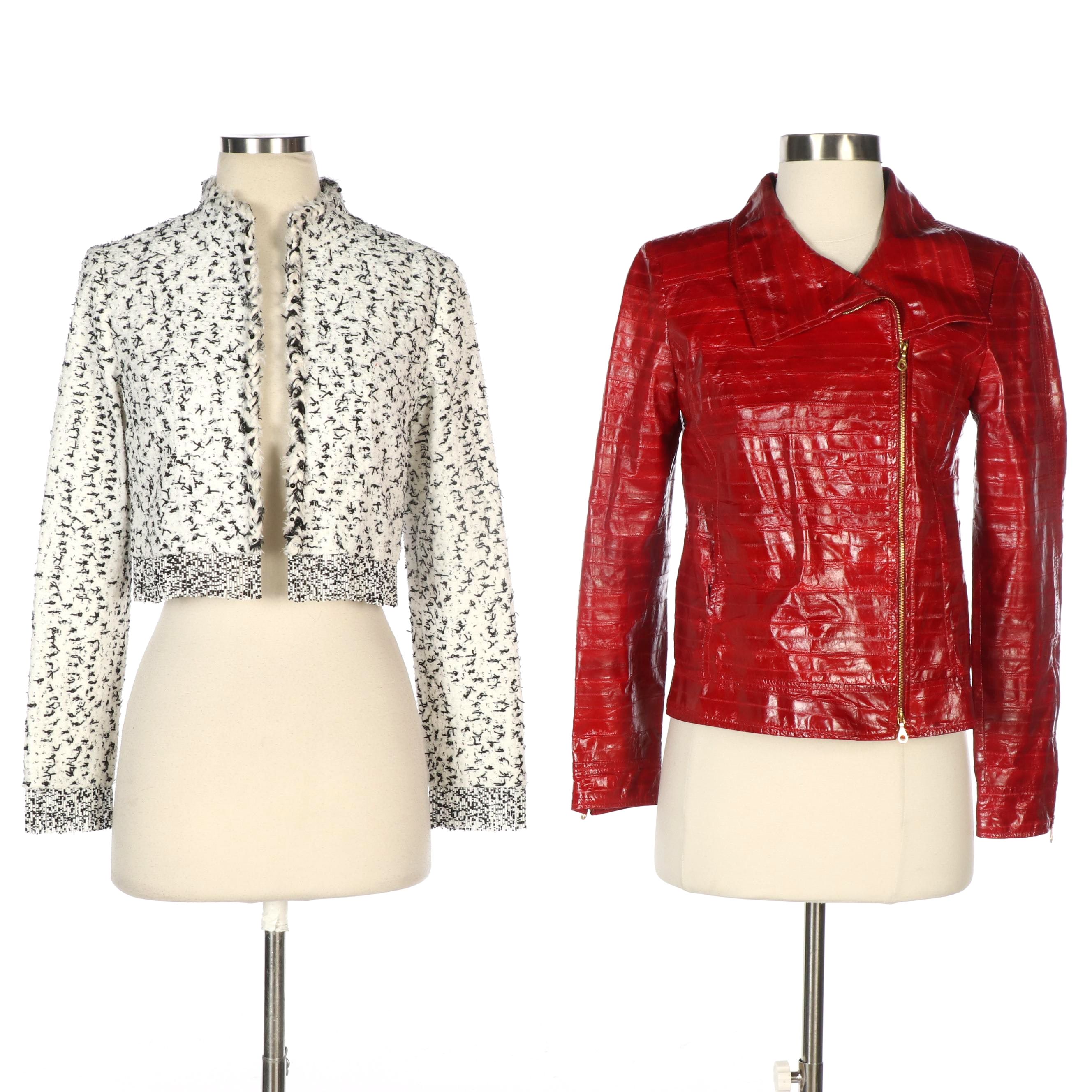 Oscar de la Renta Red Eel Skin Asymmetrical Coat and Beaded Tweed Cropped Jacket