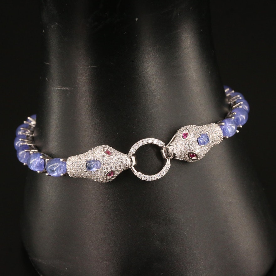 Sterling Tanzanite, Ruby and Cubic Zirconia Snake Bracelet