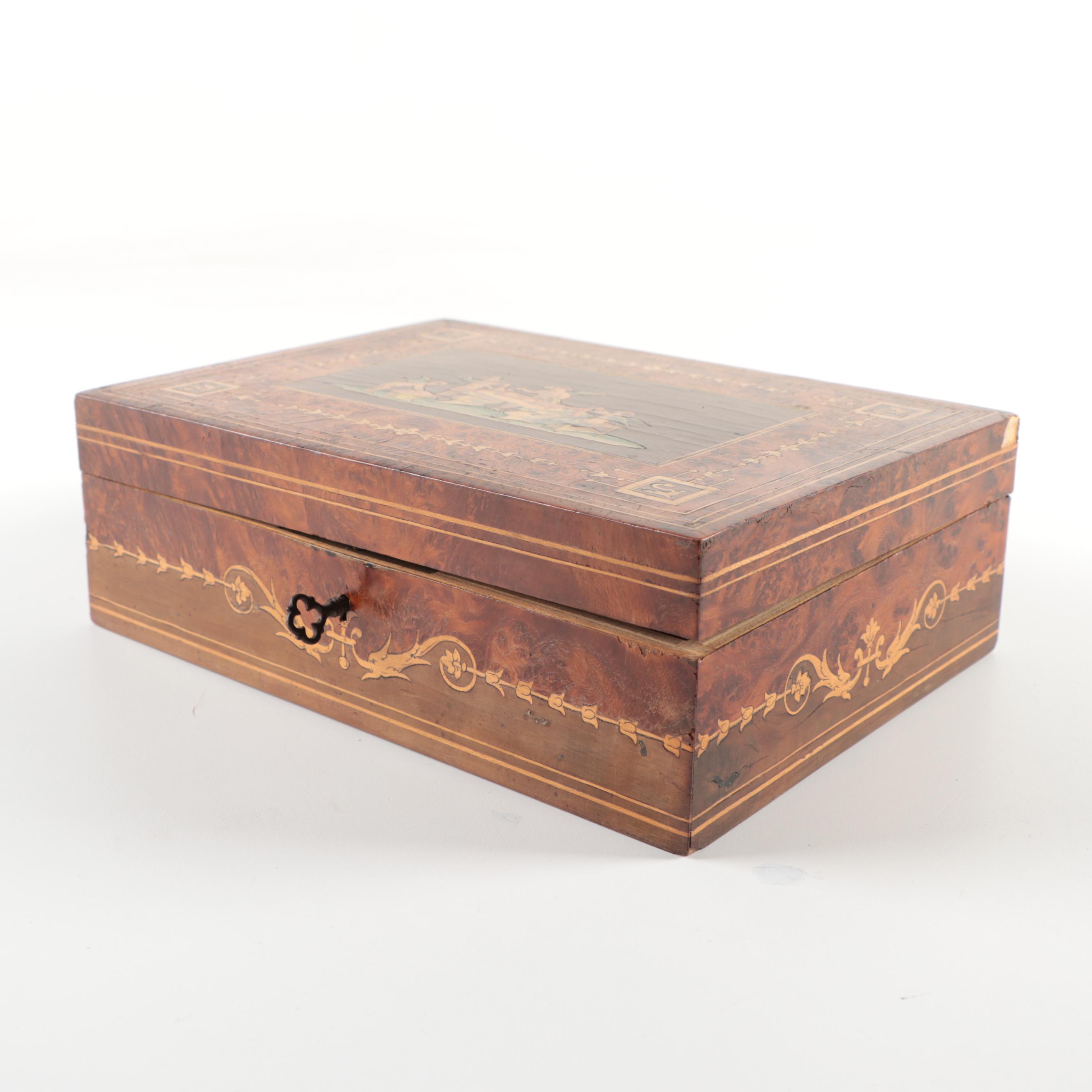 Italian Burlwood and Marquetry Lock Box, Late 19th to Early 20th Century