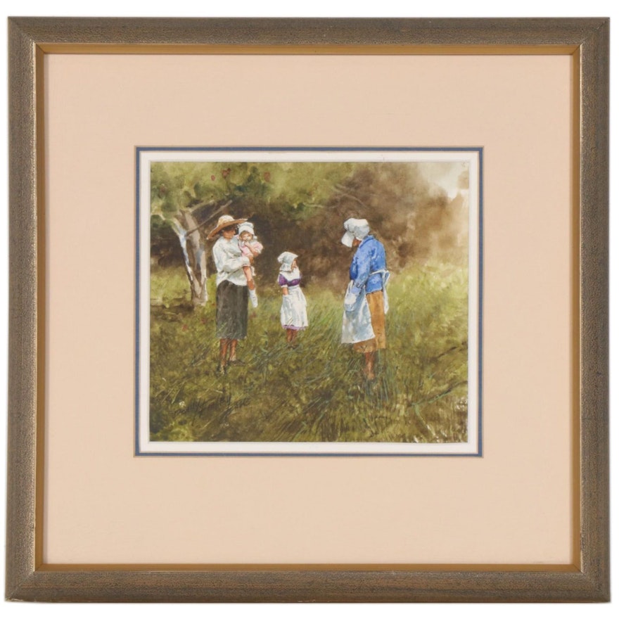 Donny Finley Amish Family Watercolor Painting, Late 20th Century