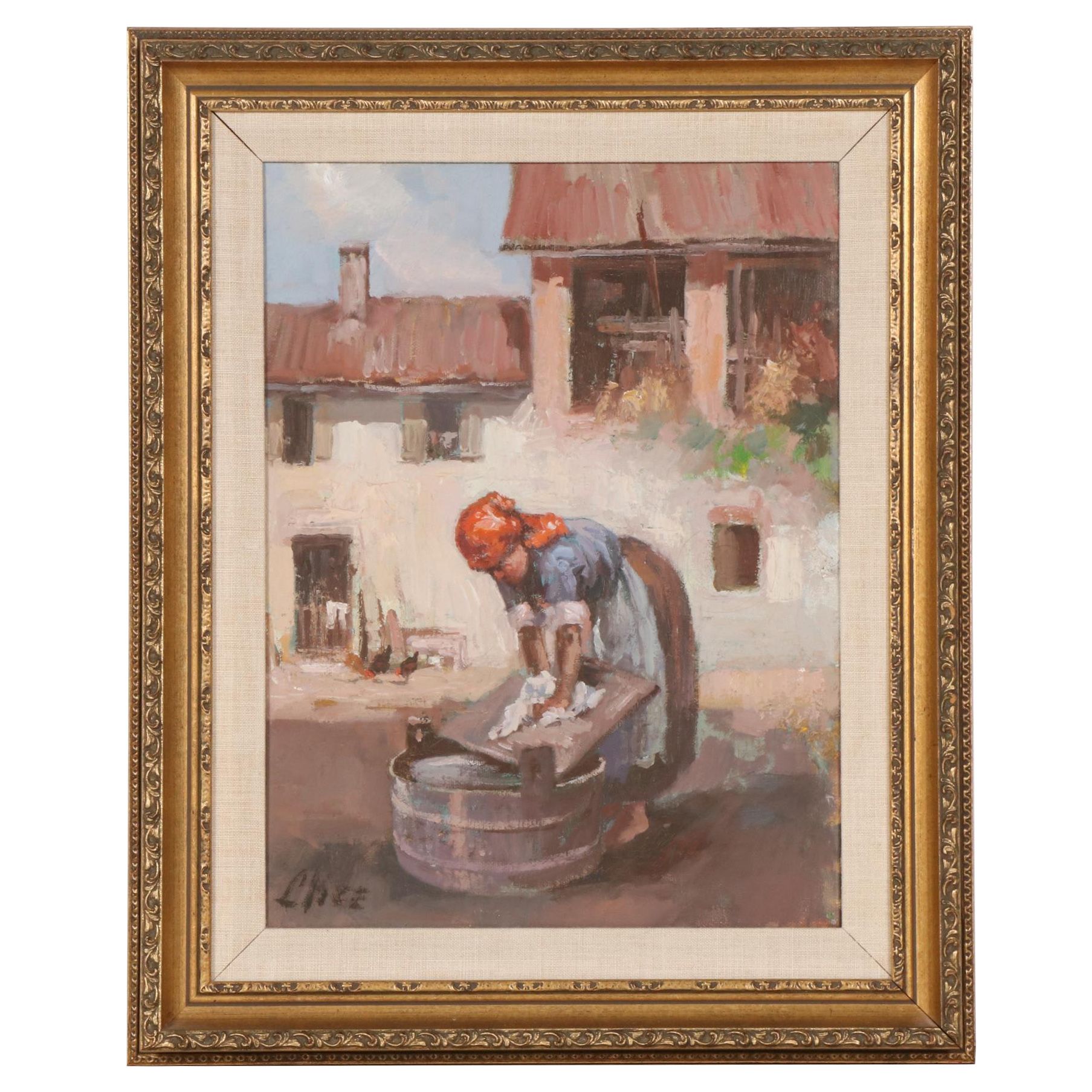 Oil Painting of Woman Washing Clothes with Washboard, Late 20th Century