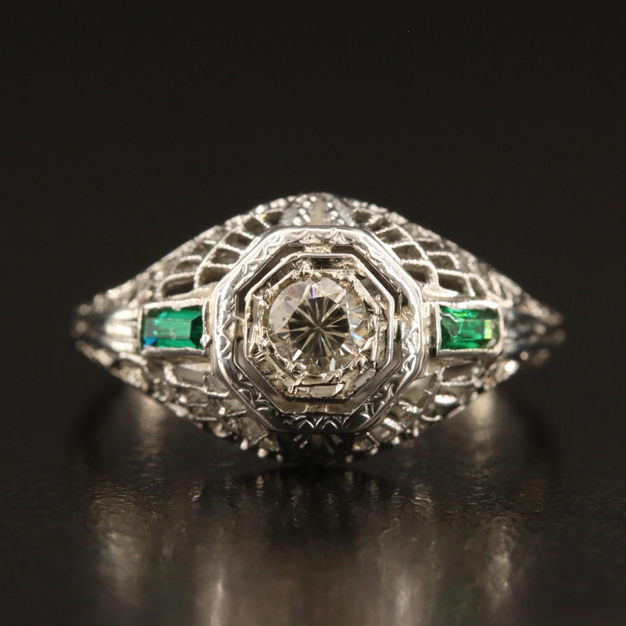 Art Deco 18K Diamond Filigree Ring with Green Glass Accents