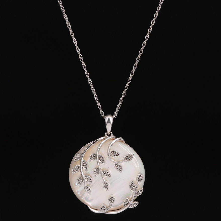 Sterling Mother of Pearl and Diamond Pendant Necklace