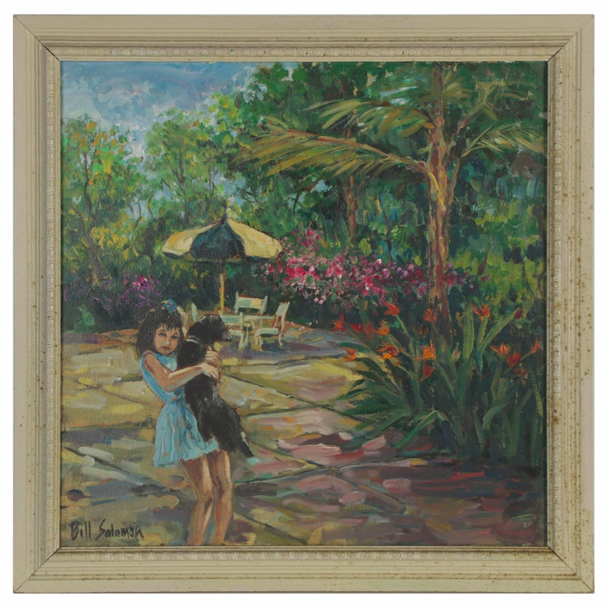 Bill Salamon Acrylic Painting of a Girl and Dog, Late 20th Century