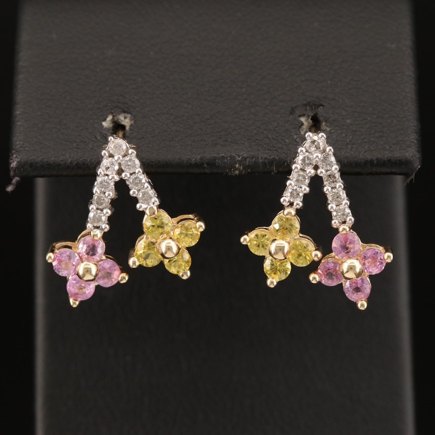 10K Diamond and Sapphire Floral Motif Earrings