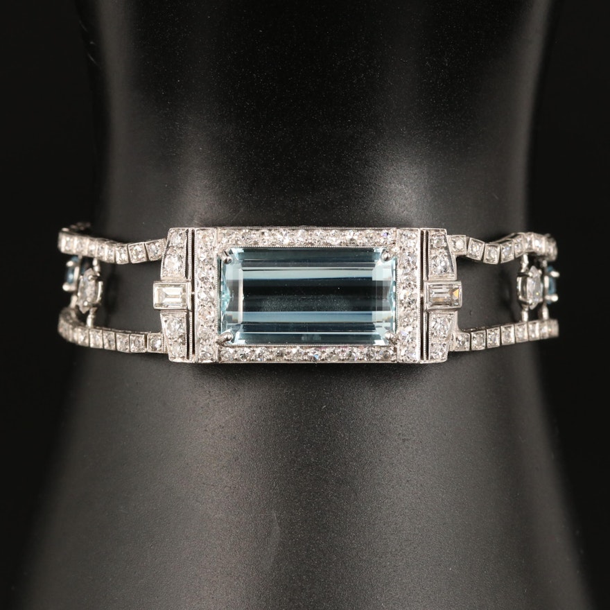 Art Deco Platinum Aquamarine and 3.41 CTW Diamond Bracelet with GIA Report