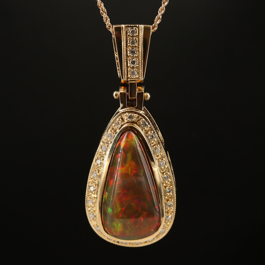 14K Opal and Diamond Teardrop Pendant Necklace