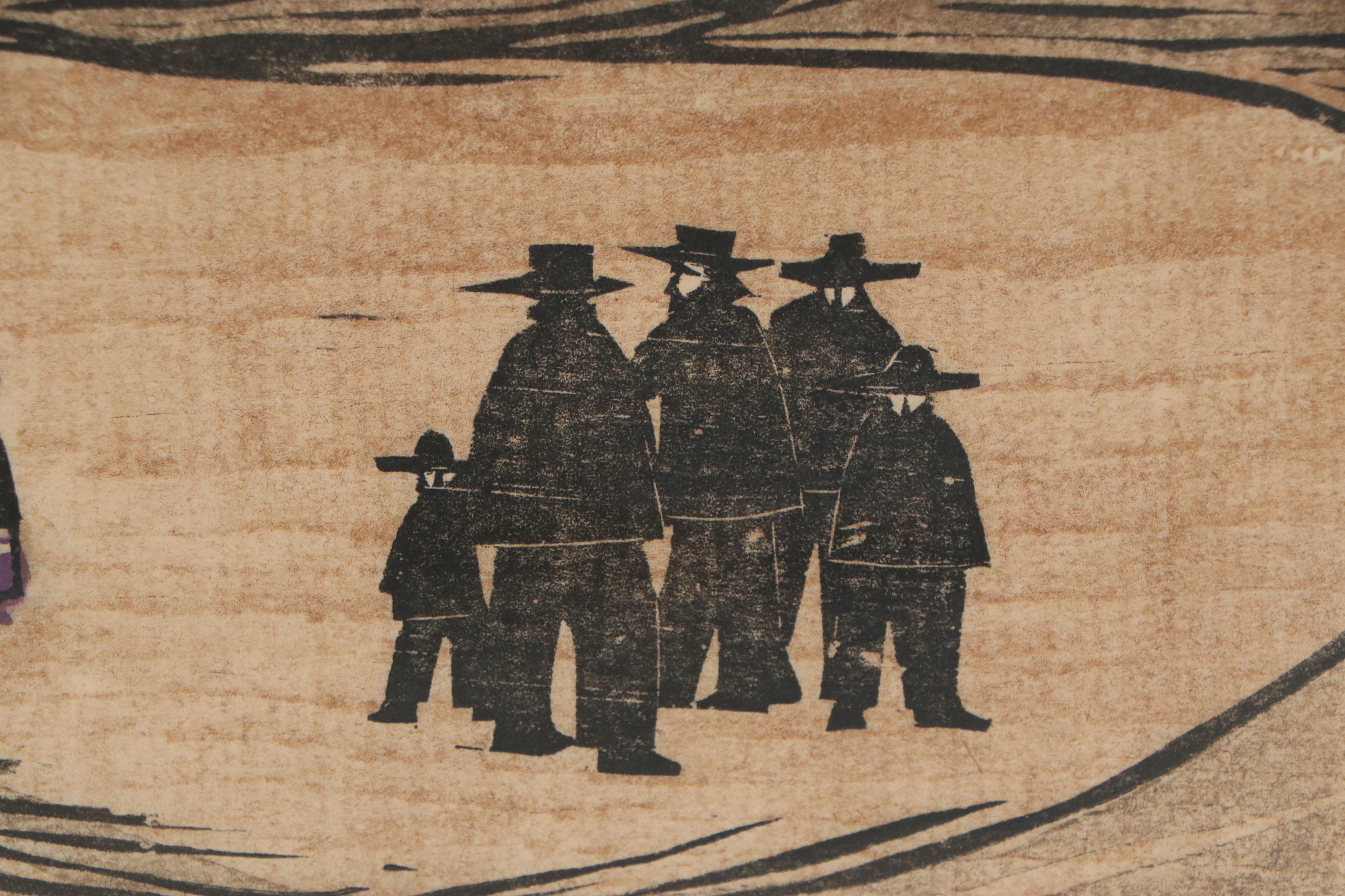 Nelson Oestreich Woodblock "Amish- After Church," 1970