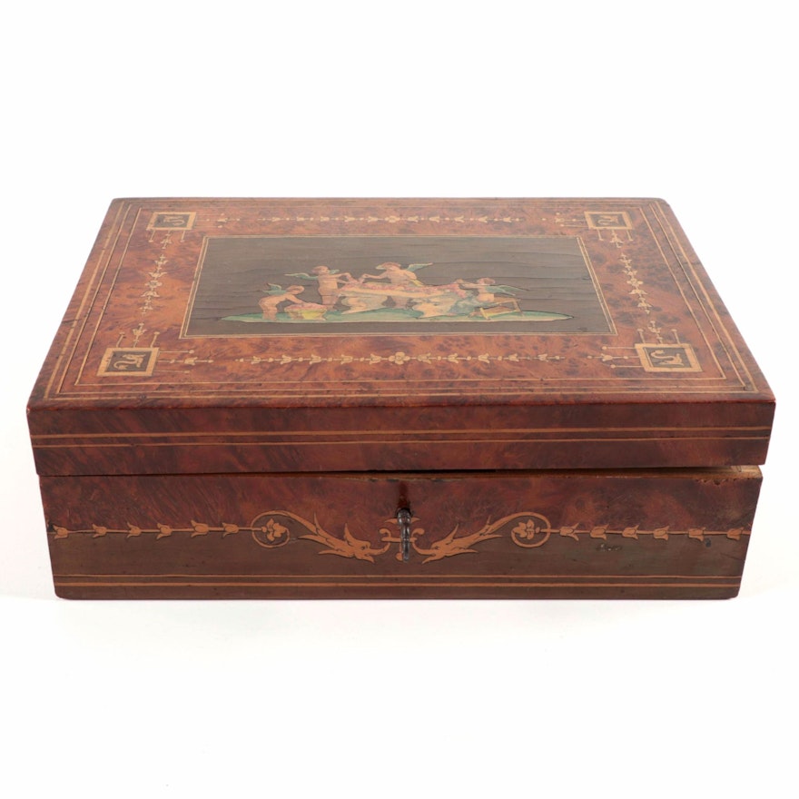 Italian Burlwood and Marquetry Lock Box, Late 19th to Early 20th Century