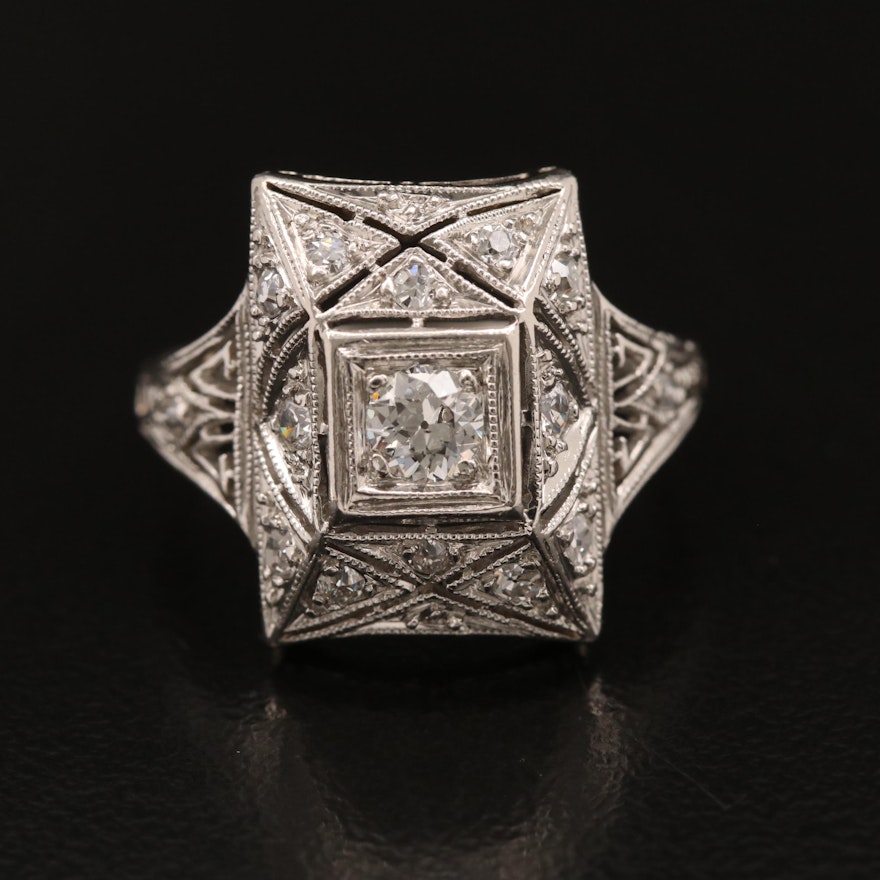 Art Deco Platinum Diamond Ring with Milgrain Detailing