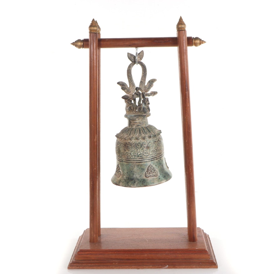 Burmese Cast Bronze Temple Bell with Wood Stand