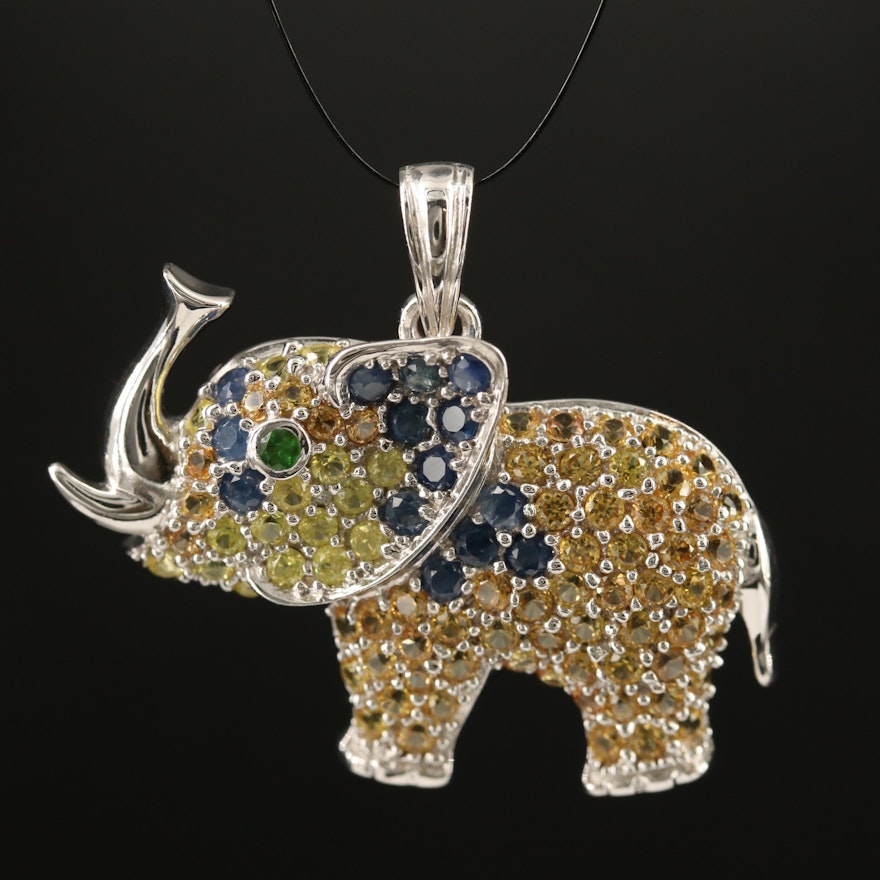 Sterling Silver Sapphire and Tsavorite Elephant Pendant