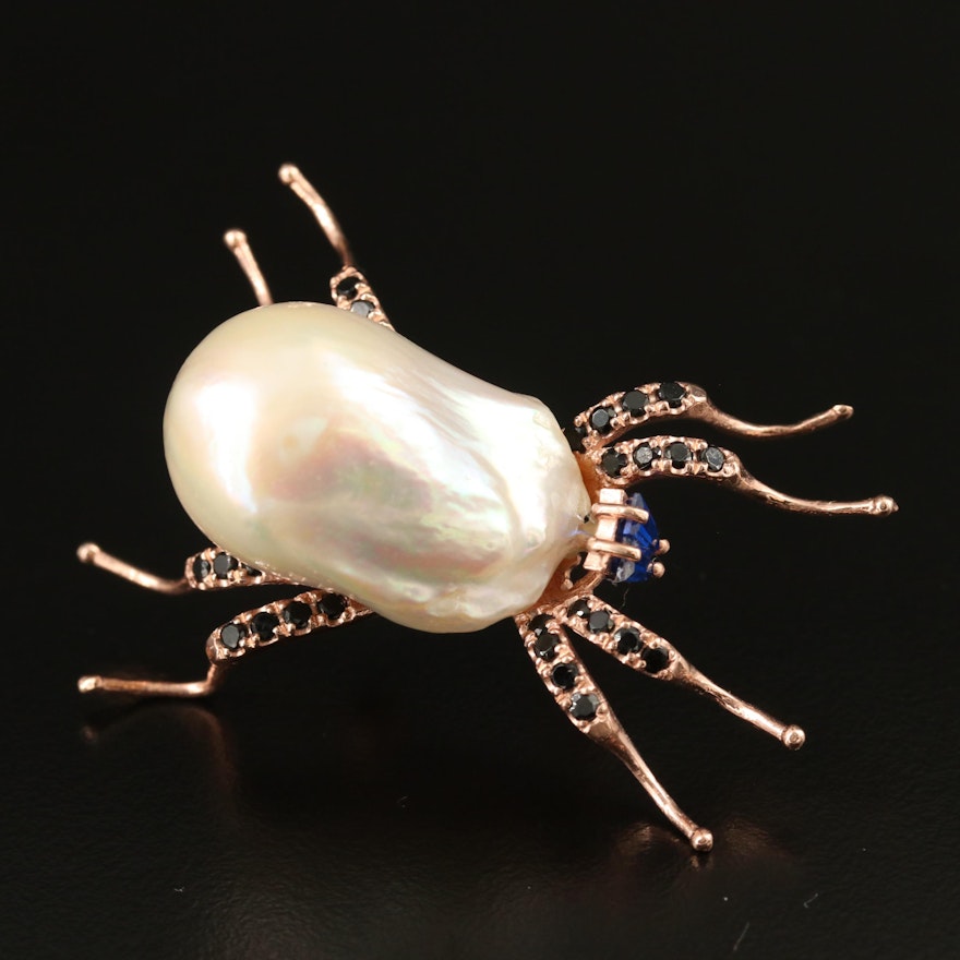 Sterling Silver Pearl and Spinel Spider Brooch