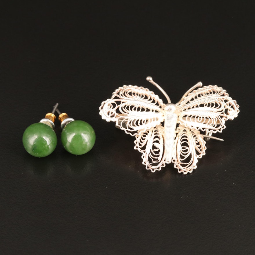 Vintage Sterling Silver Filigree Butterfly Brooch and Nephrite Stud Earrings