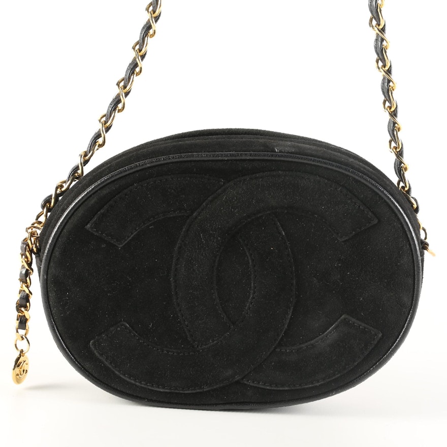 Chanel CC Mini Oval Chain Crossbody Bag in Black Suede