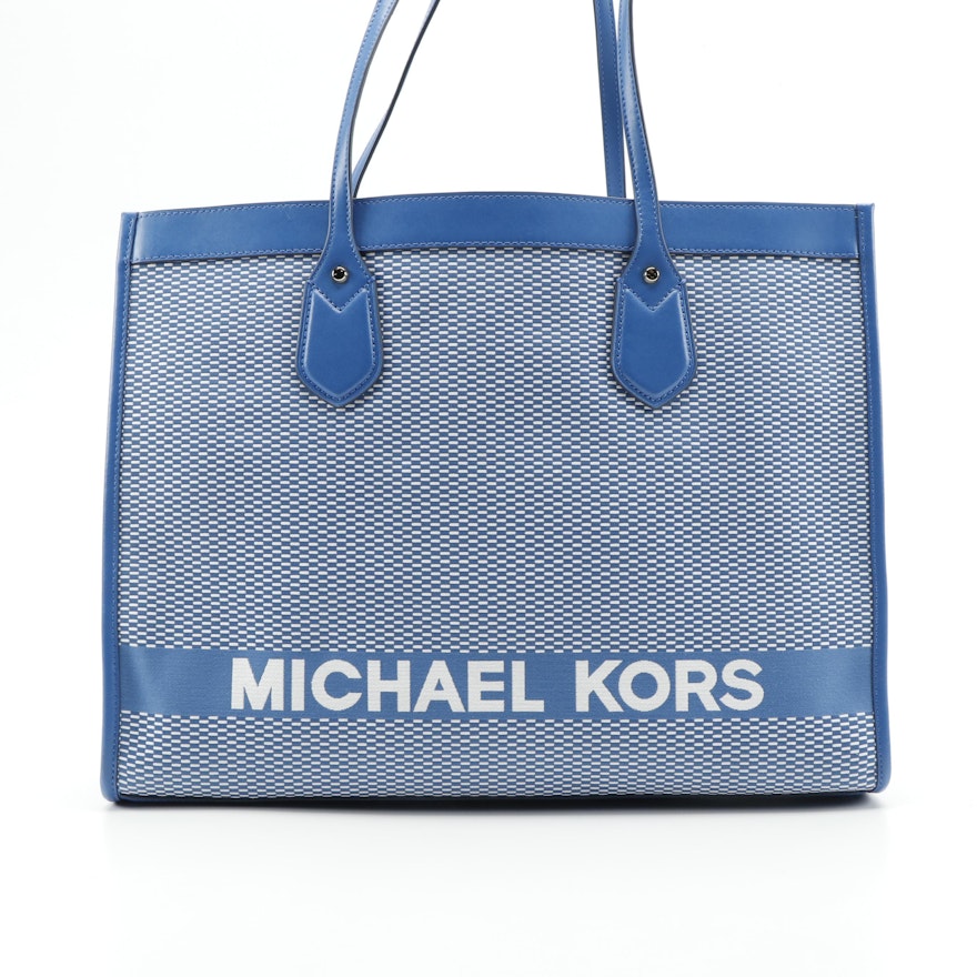 MICHAEL Michael Kors Bay Collection Blue Canvas/Leather Tote with Logo Lettering