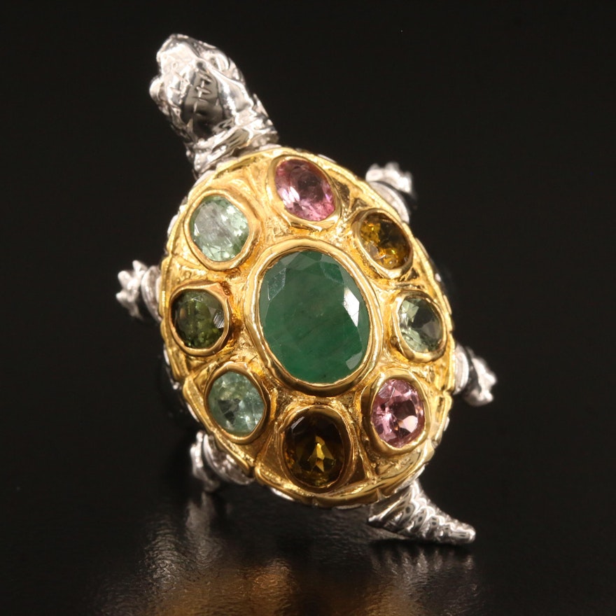 Sterling Silver Beryl and Tourmaline Articulated Turtle Ring