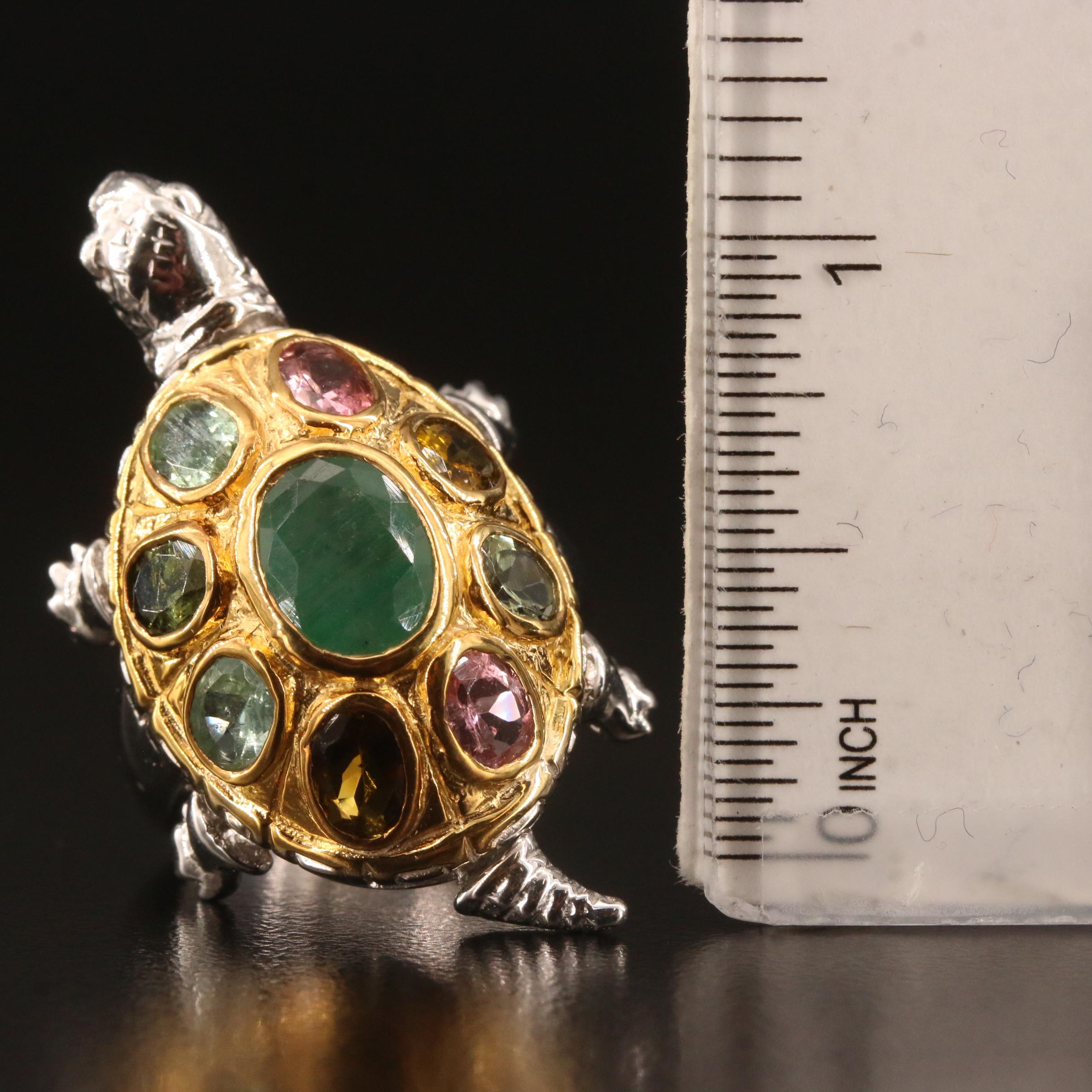 Sterling Silver Beryl and Tourmaline Articulated Turtle Ring