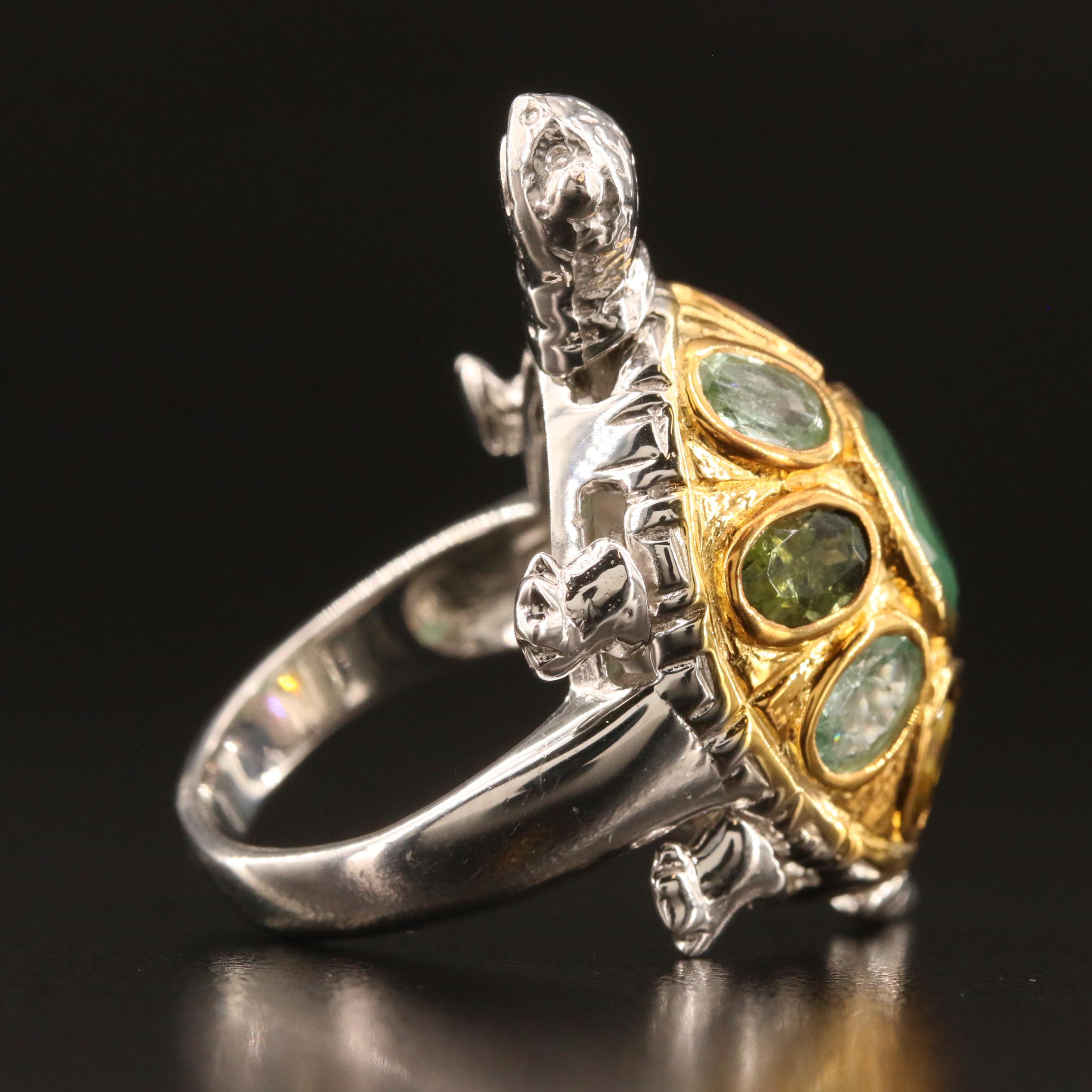 Sterling Silver Beryl and Tourmaline Articulated Turtle Ring