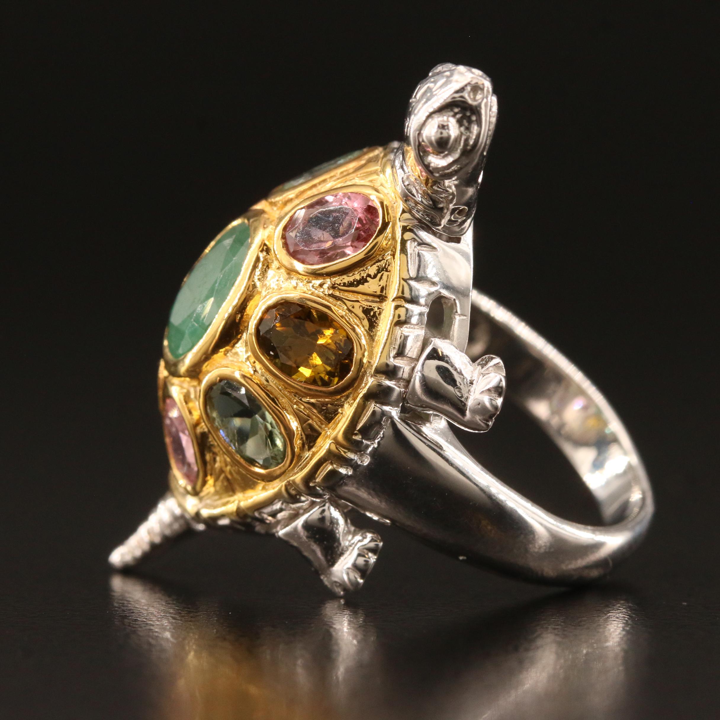 Sterling Silver Beryl and Tourmaline Articulated Turtle Ring