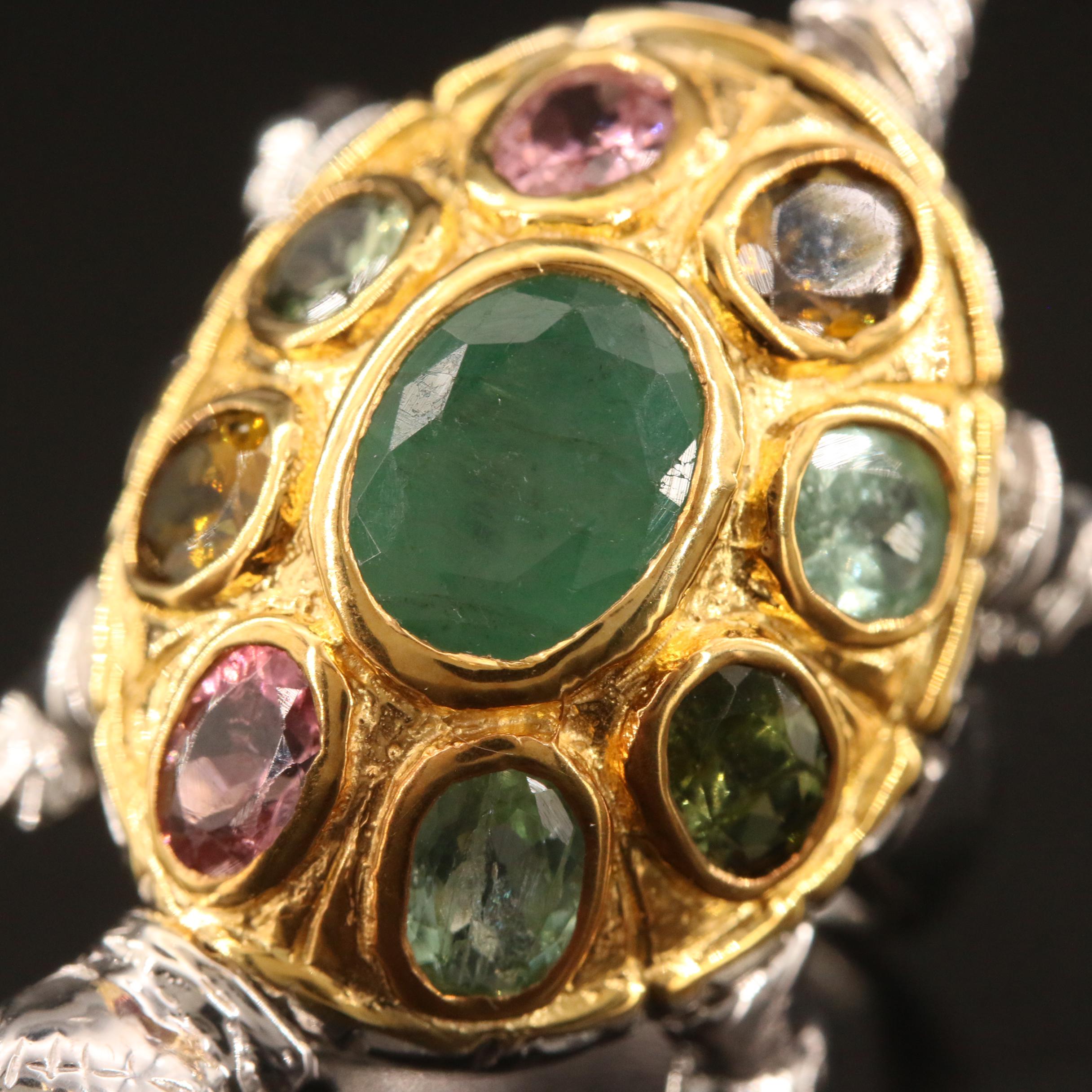 Sterling Silver Beryl and Tourmaline Articulated Turtle Ring