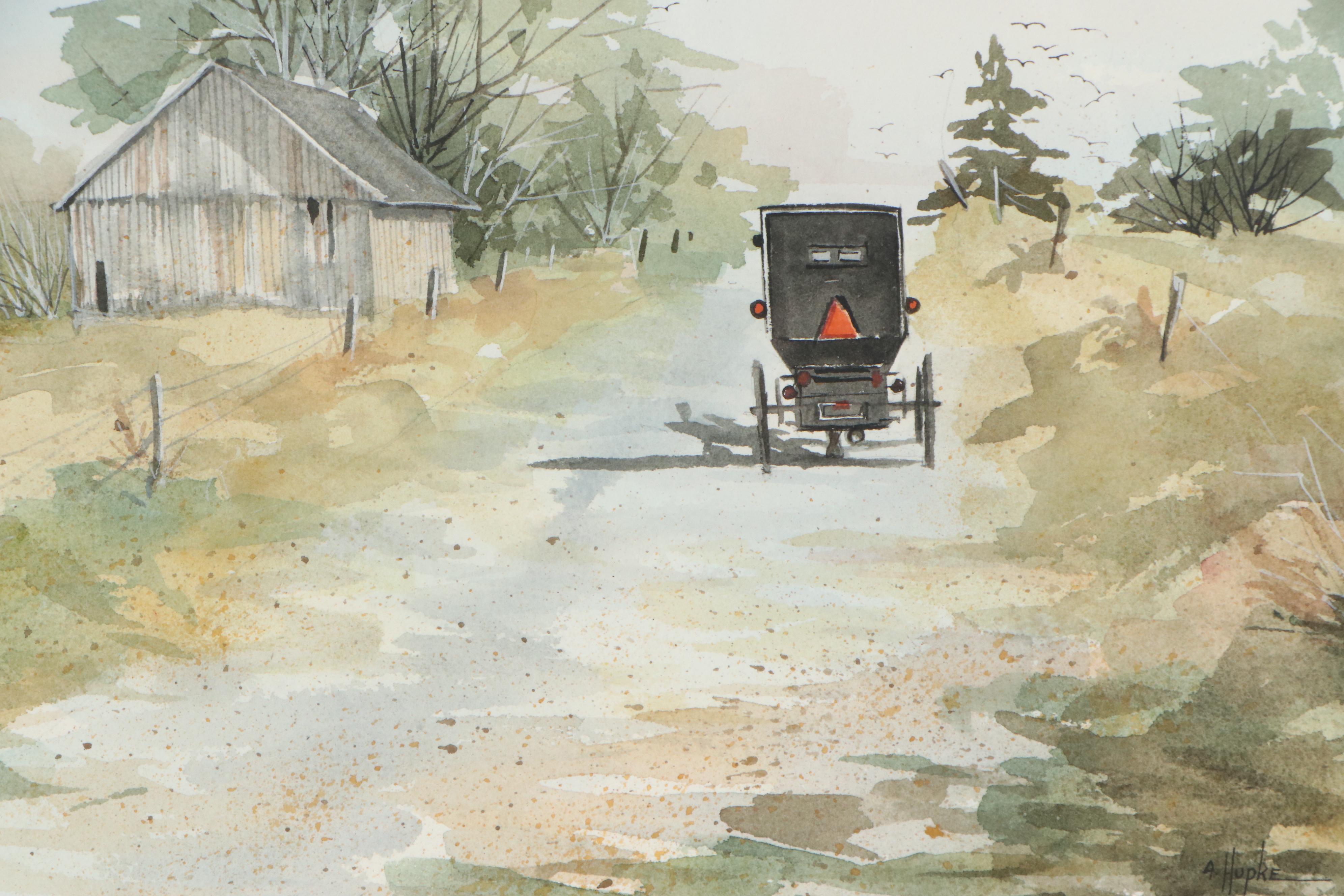 Ann M. Hupke Watercolor Painting of Buggy in Rural Landscape, Late 20th Century