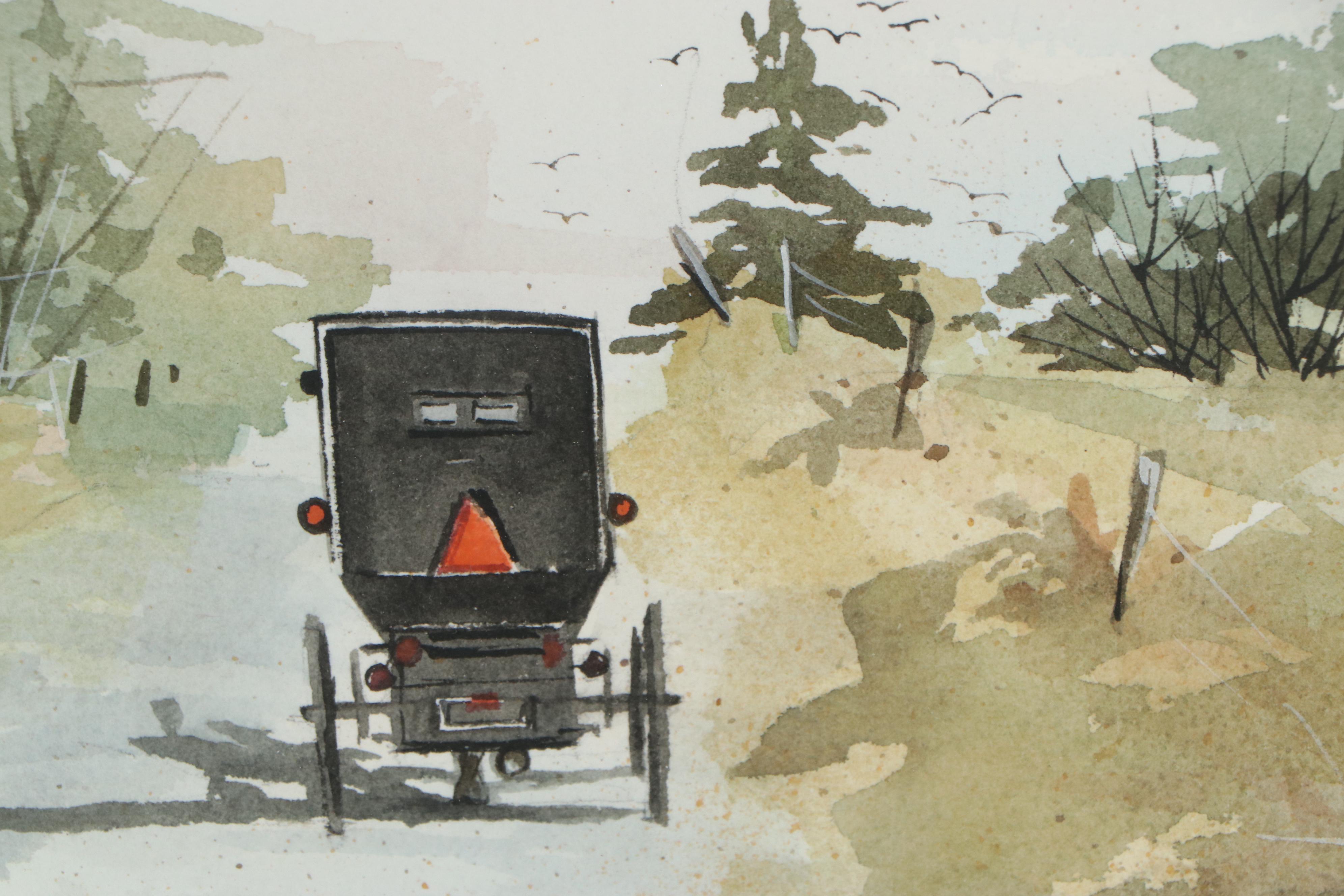 Ann M. Hupke Watercolor Painting of Buggy in Rural Landscape, Late 20th Century