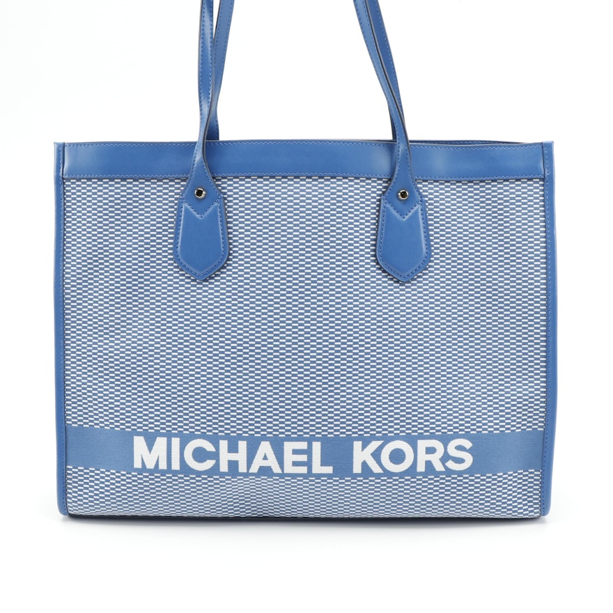 MICHAEL Michael Kors Bay Collection Blue Canvas/Leather Tote with Logo Lettering