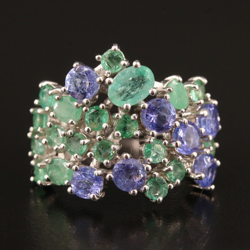Sterling Silver Emerald and Tanzanite Cluster Ring
