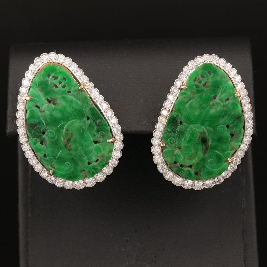 14K Jadeite and 1.85 CTW Diamond Earrings with Platinum Trim