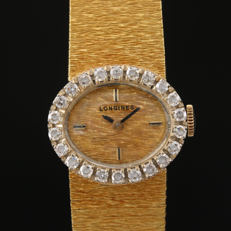 18K Gold and Diamonds Longines Stem Wind Wristwatch, Circa 1967