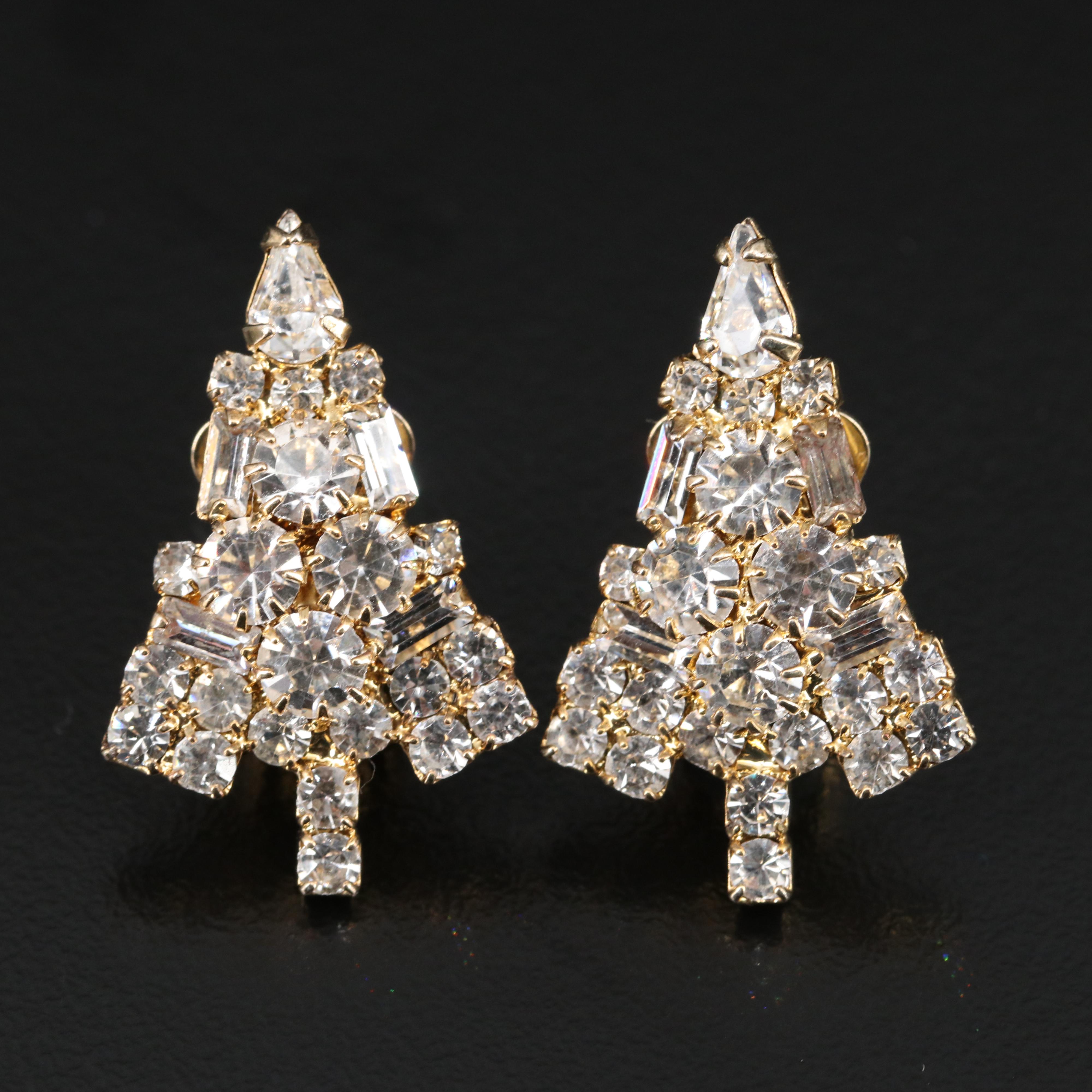 Vintage Eisenberg Ice Rhinestone Christmas Tree Clip Earrings