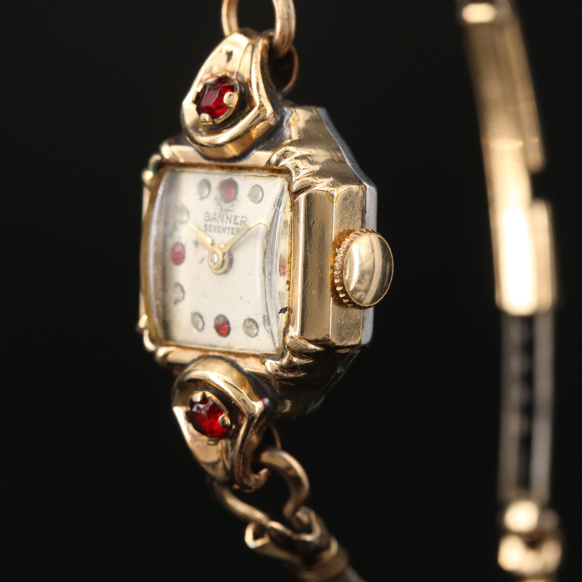 Vintage Banner Stem Wind Watch with Red and White Crystal Accents