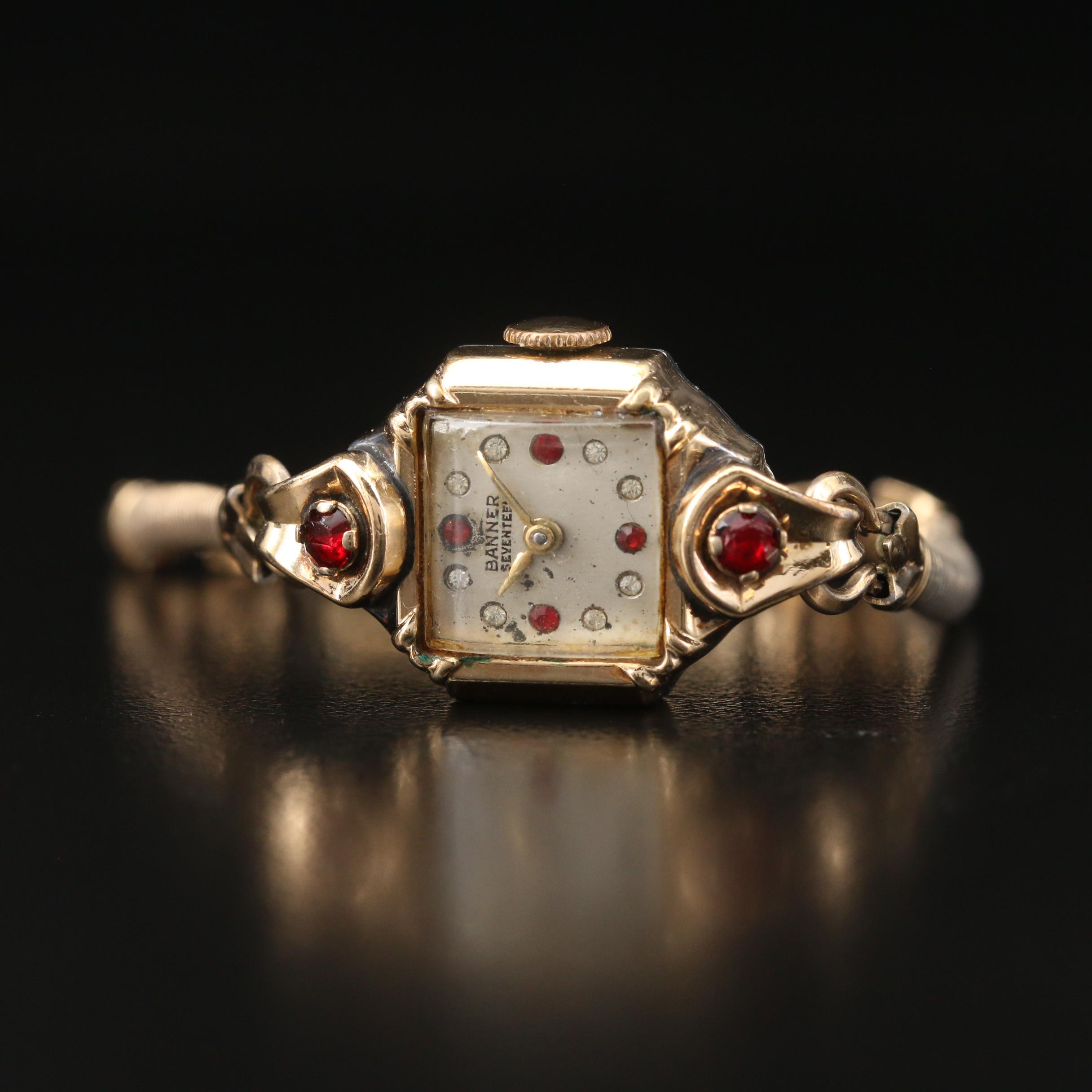 Vintage Banner Stem Wind Watch with Red and White Crystal Accents