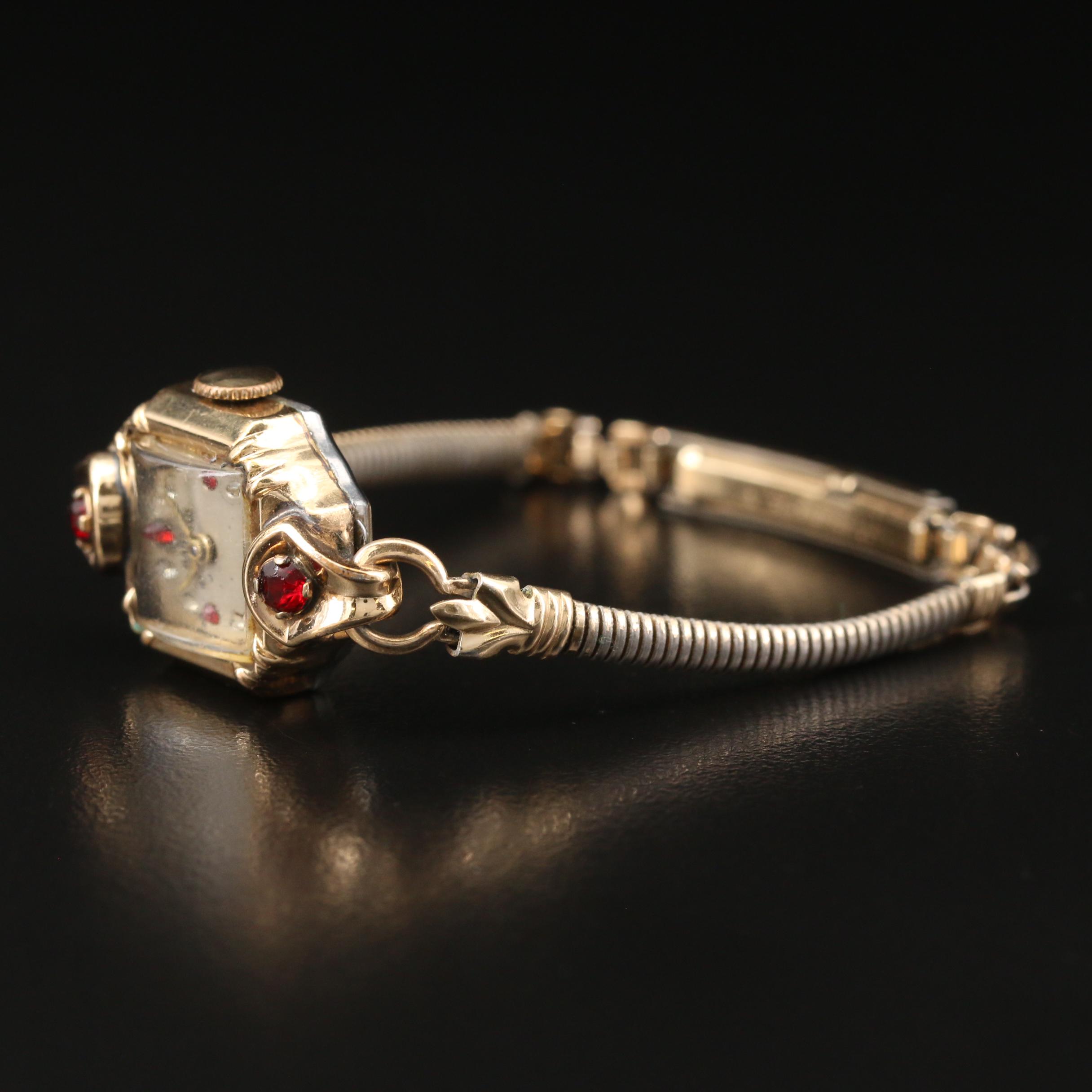 Vintage Banner Stem Wind Watch with Red and White Crystal Accents