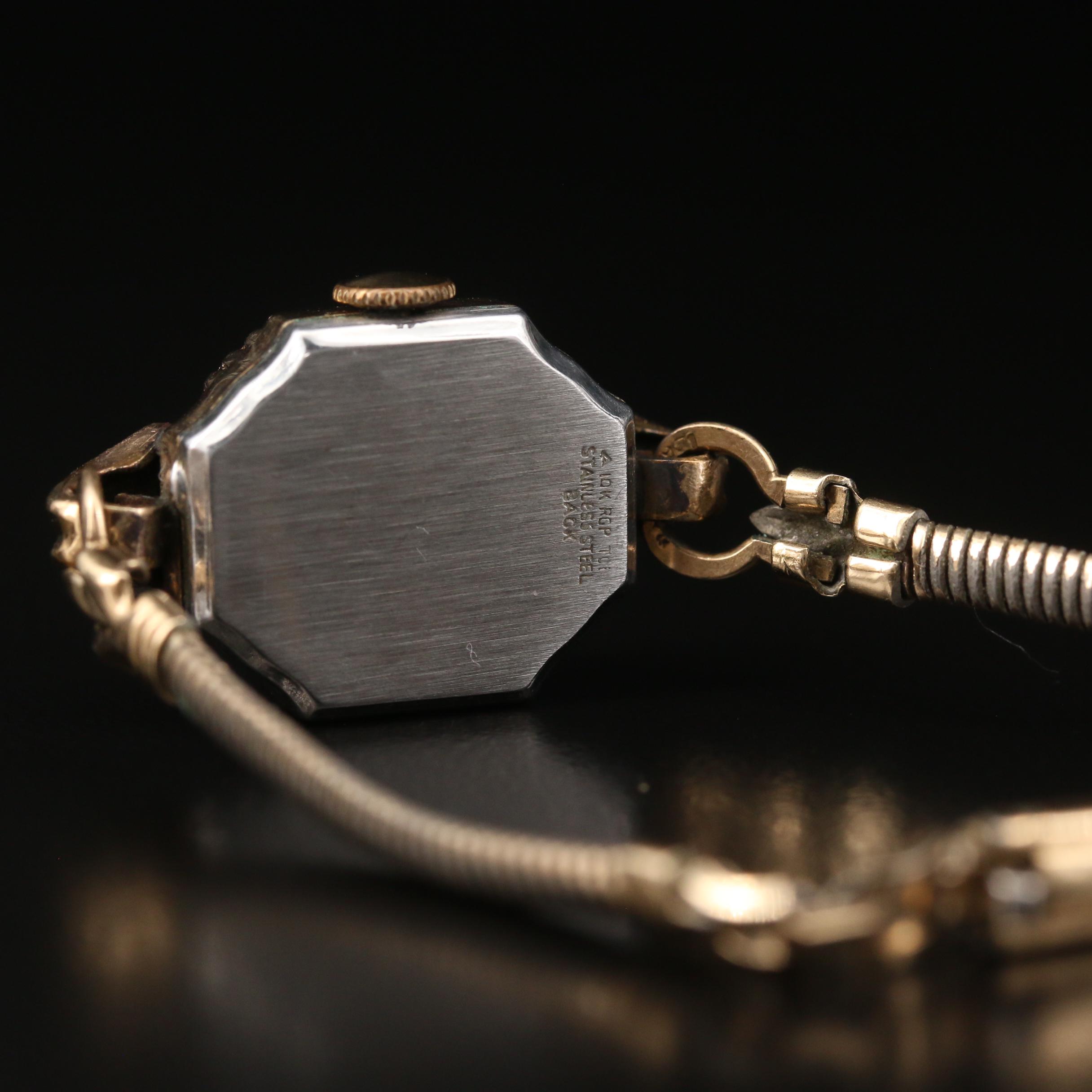 Vintage Banner Stem Wind Watch with Red and White Crystal Accents