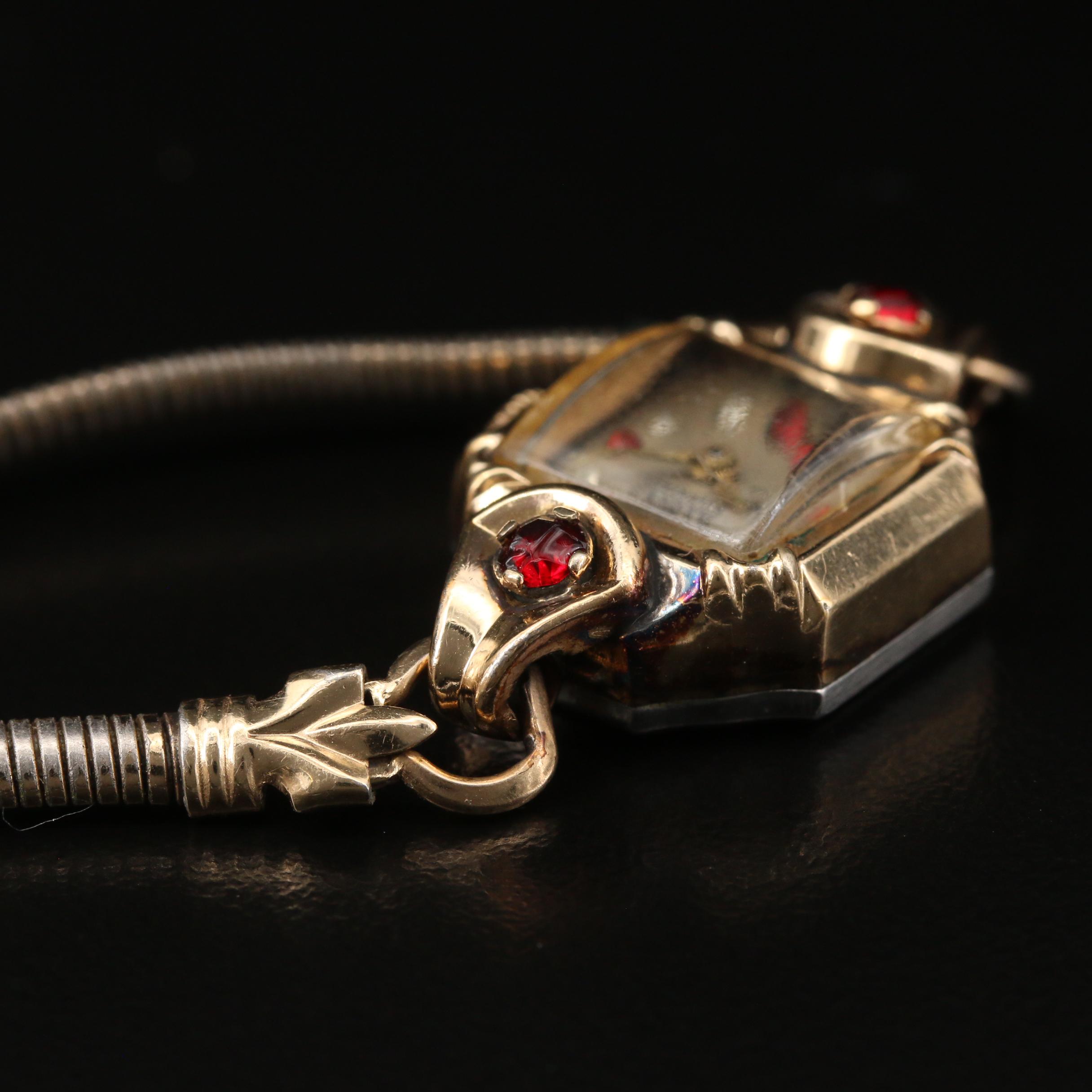 Vintage Banner Stem Wind Watch with Red and White Crystal Accents