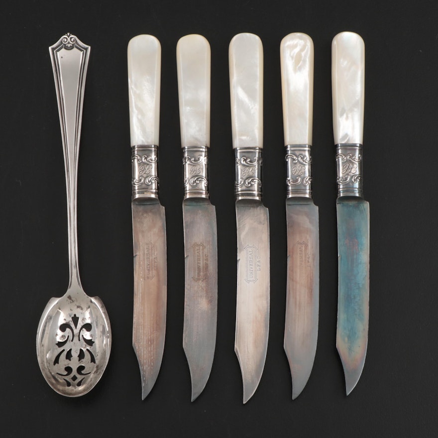 Mother of Pearl and Sterling Silver Handled Knives with Sterling Pierced Spoon