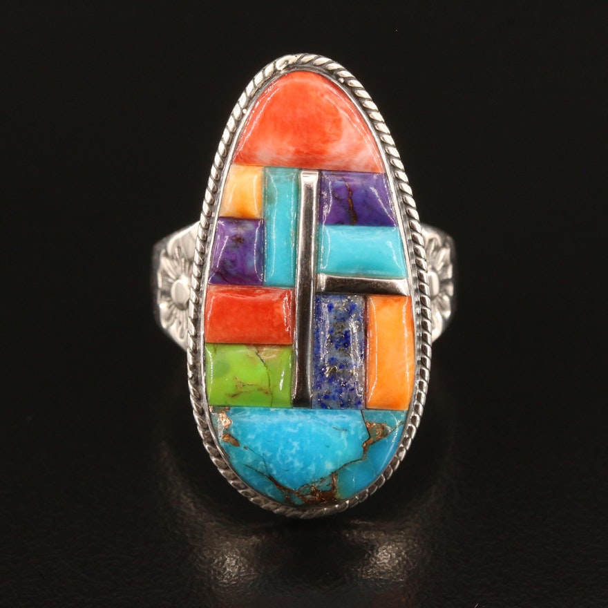 Sterling Silver Spiny Oyster, Turquoise and Imitation Lapis Lazuli Ring