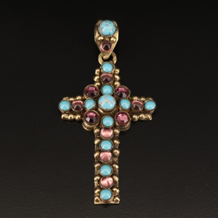 Cross Pendant Featuring Bezel Set Imitation Turquoise and Glass