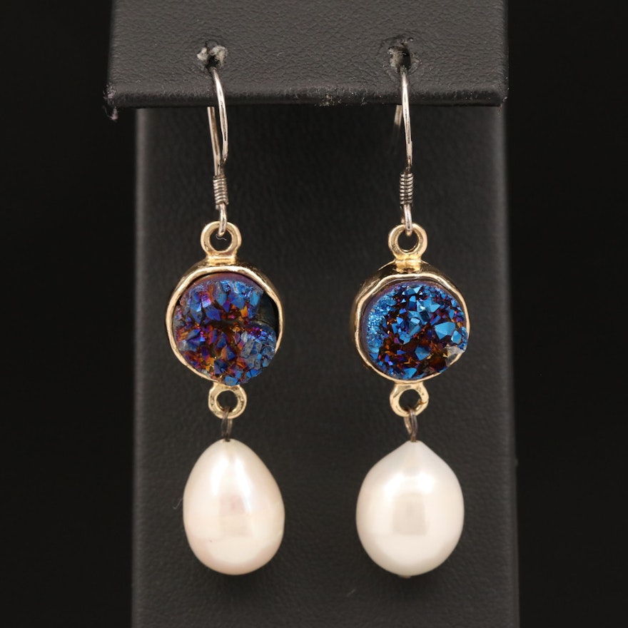 Pearl and Druzy Drop Earrings with Sterling Silver Earwires