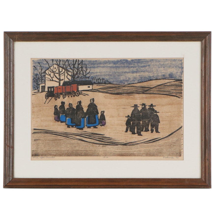Nelson Oestreich Woodblock "Amish- After Church," 1970
