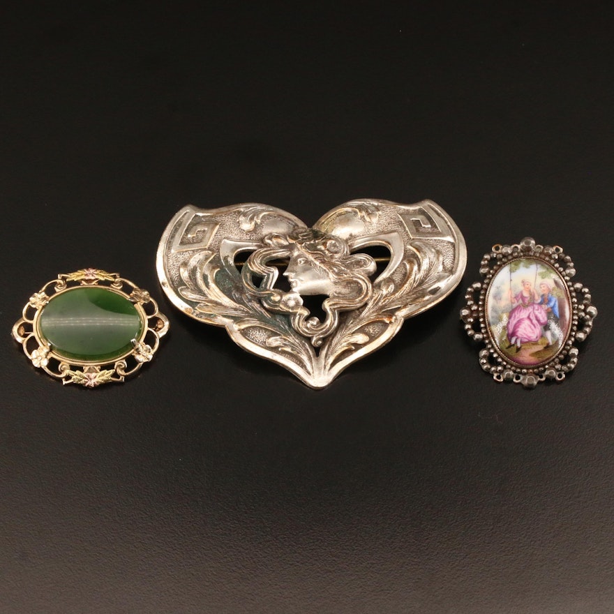 Art Nouveau and Vintage Brooches Featuring Nephrite and Porcelain