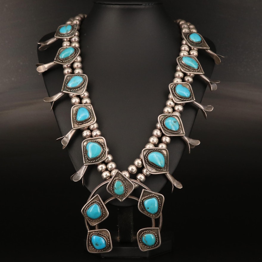 Western Sterling Silver Turquoise Squash Blossom Necklace