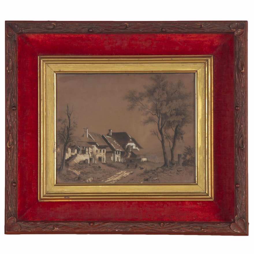 Embellished Lithograph of Country Cottage, Mid 20th Century